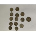 14 SILVER COINS - 13 THREE PENNY AND A USA DIME