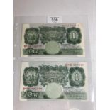 TWO BANK OF ENGLAND ONE POUND NOTES SIGNED BEALE (1949-1955)
