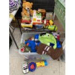 AN ASSORTMENT OF CHILDRENS TOYS TO INCLUDE COSTUMES AND VEHICLES ETC