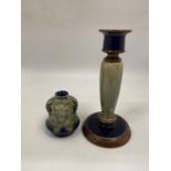 TWO PIECES OF ROYAL DOULTON STONEWARE TO INCLUDE A CANDLESTICK AND A SMALL VASE