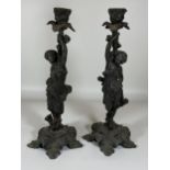 A PAIR OF EARLY 20TH CENTURY SPELTER FIGURAL CANDLESTICKS, HEIGHT 32CM