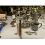 A MIXED LOT OF ITEMS TO INCLUDE SILVER PLATED CANDLEABRA, CARVED WOODEN KNIFE, PEWTER TEAPOT,