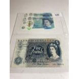 THREE BANK OF ENGLAND FIVE POUND NOTES TO INCLUDE A SIGNED STANDISH FORDE (1966-1970) AND TWO