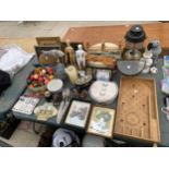 AN ASSORTMENT OF ITEMS TO INCLUDE A TILLEY LAMP, POOL BALLS AND PICTURE FRAMES ETC