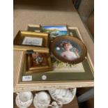 A FRAMED CROSS STITCH TAPESTRY, SMALL GILT FRAMED PRINTS AND A CABINET PLATE