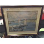 A FRAMED PRINT OF A HARBOUR SCENE