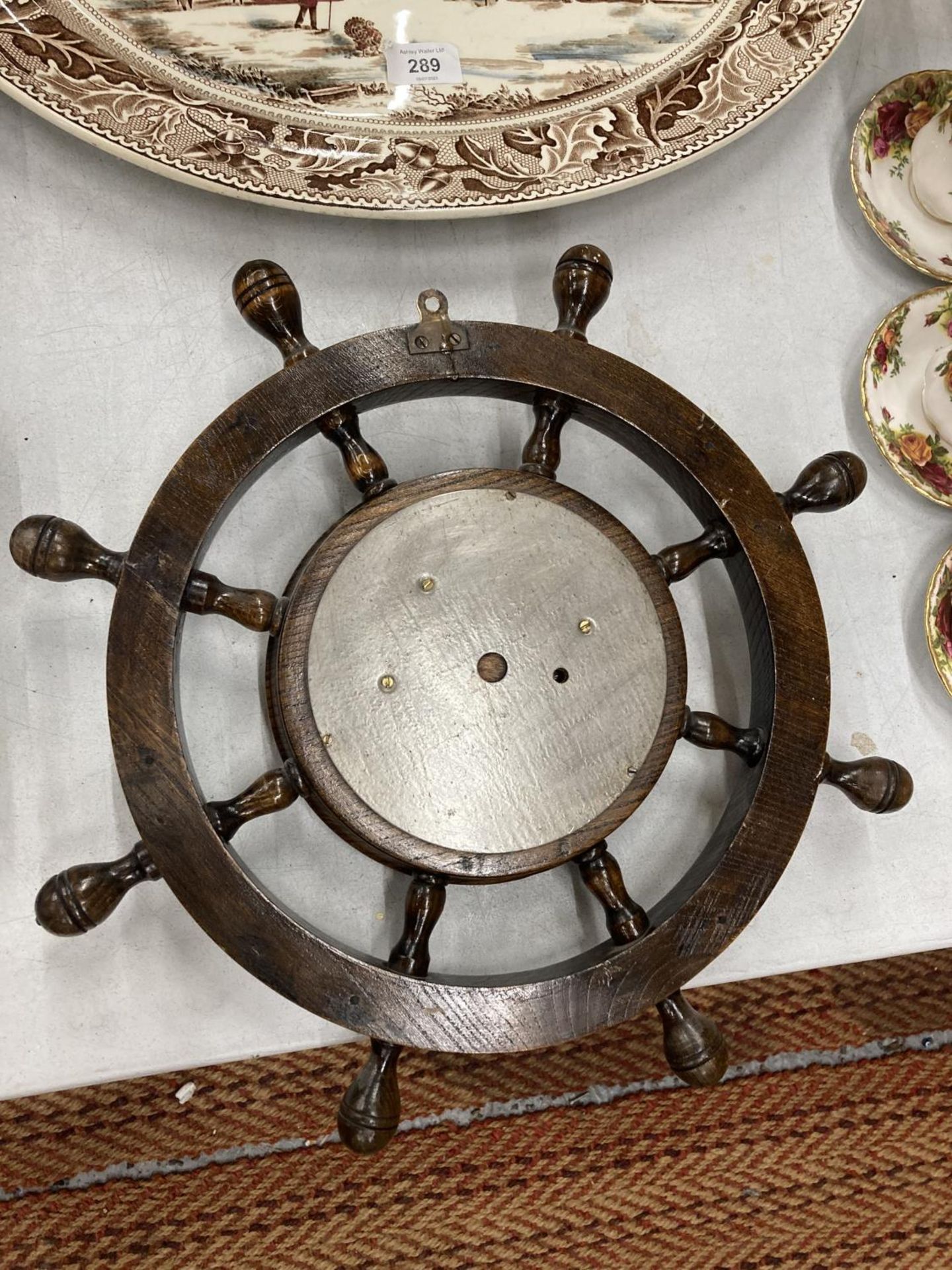A BRASS FACED BAROMETER IN A WOODEN SHIPS WHEEL - Image 3 of 3