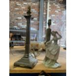 TWO ITEMS - A SILVER PLATED CORINTHIAN COLUMN TABLE LAMP AND A LLADRO STYLE FIGURAL LAMP