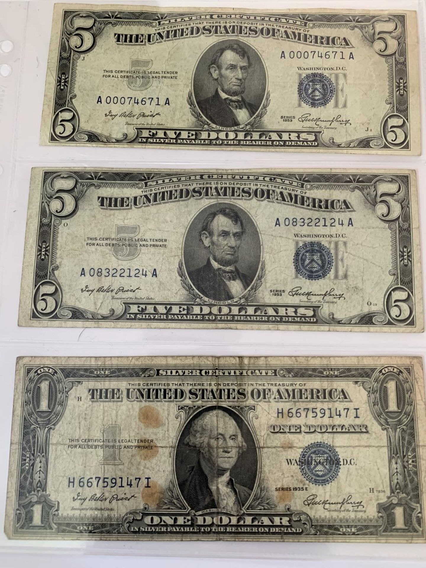 THREE THE UNITED STATES OF AMERICA SILVER CERTIFICATE NOTES SIGNED HUMPHERY (1953-1957) TO INCLUDE