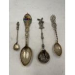 A GROUP OF HALLMARKED SILVER TEASPOONS, ONE WITH WINDMILL DESIGN AND ONE WITH ENAMEL DESIGN COAT