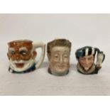 THREE MINIATURE CHARACTER JUGS TO INCLUDE PECKSNIFF, THE FALCONER AND JOHN FALSTAFF (A/F)