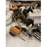 THREE MODELS OF SHIRE HORSES AND WOODEN CARTS