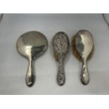 A TWO PIECE HALLMARKED SILVER DRESSING TABLE SET WITH FURTHER HALLMARKED SILVER HAIR BRUSH (3)