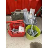 A LARGE ASSORTMENT OF ITEMS TO INCLUDE GALVANISED GATE HINGES AND FITTINGS AND A JERRY CAN ETC