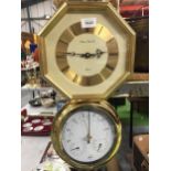 AN OCTAGONAL WALL CLOCK PLUS A BRASS STYLE ROUND BAROMETER