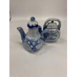 TWO ORIENTAL STYLE BLUE AND WHITE TEAPOTS