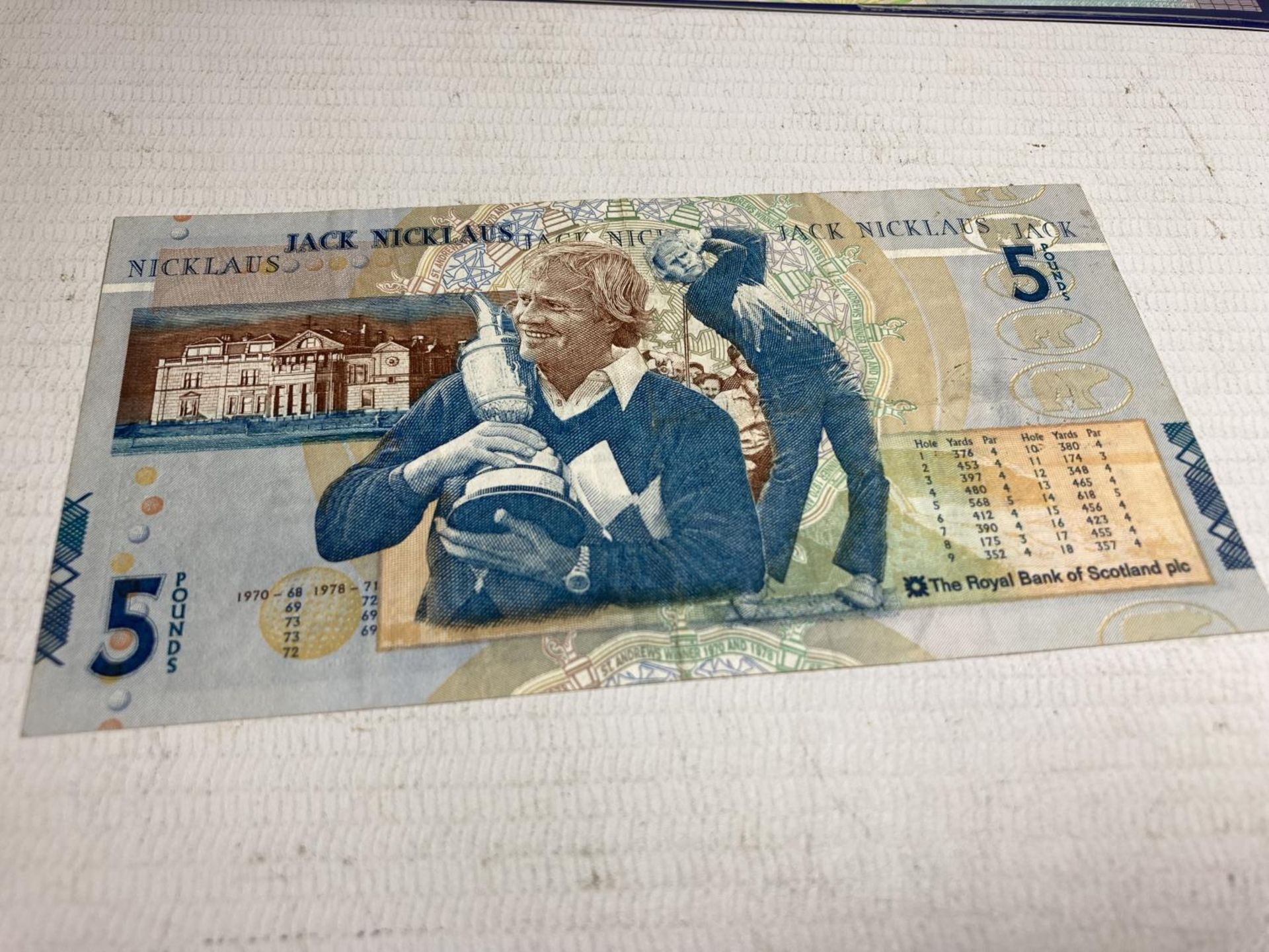 AN ULSTER BANK GEORGE BEST FIVE POUND NOTE IN A FOLDER AND A BANK OF SCOTLAND JACK NICKLAUS FIVE - Image 4 of 7
