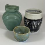 A GROUP OF THREE STUDIO POTTERY ITEMS TO INCLUDE LOVATT STONEWARE KEITH MURRAY STYLE JUG, 1930'S