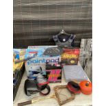 AN ASSORTMENT OF ITEMS TO INCLUDE A LE CREUSET PAN, A PAINT POD AND SPORTS EQUIPMENT ETC