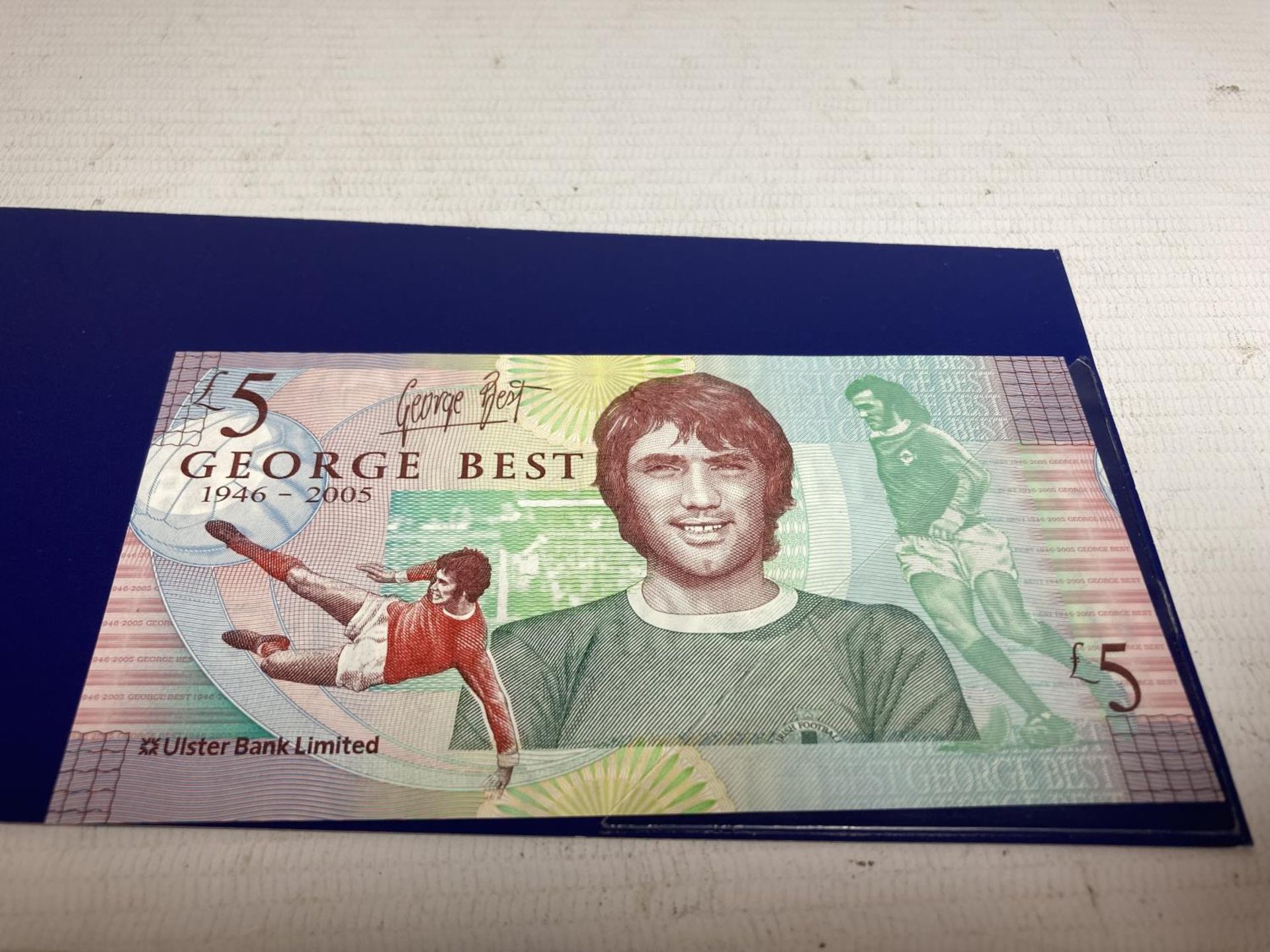 AN ULSTER BANK GEORGE BEST FIVE POUND NOTE IN A FOLDER AND A BANK OF SCOTLAND JACK NICKLAUS FIVE - Image 2 of 7