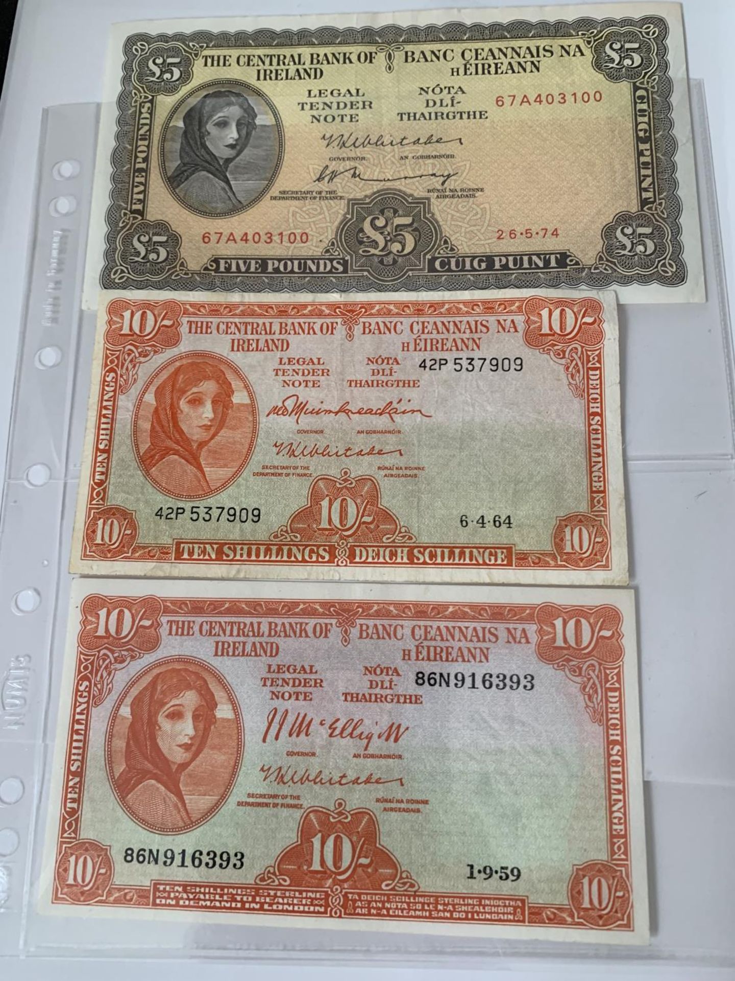 THREE OF THE CENTRAL BANK OF IRELAND BANK NOTES TO INCLUDE TWO TEN SHILLINGS AND A FIVE POUND