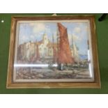 A LARGE GILT FRAMED PRINT OF A BOATING SCENE, UNSIGNED