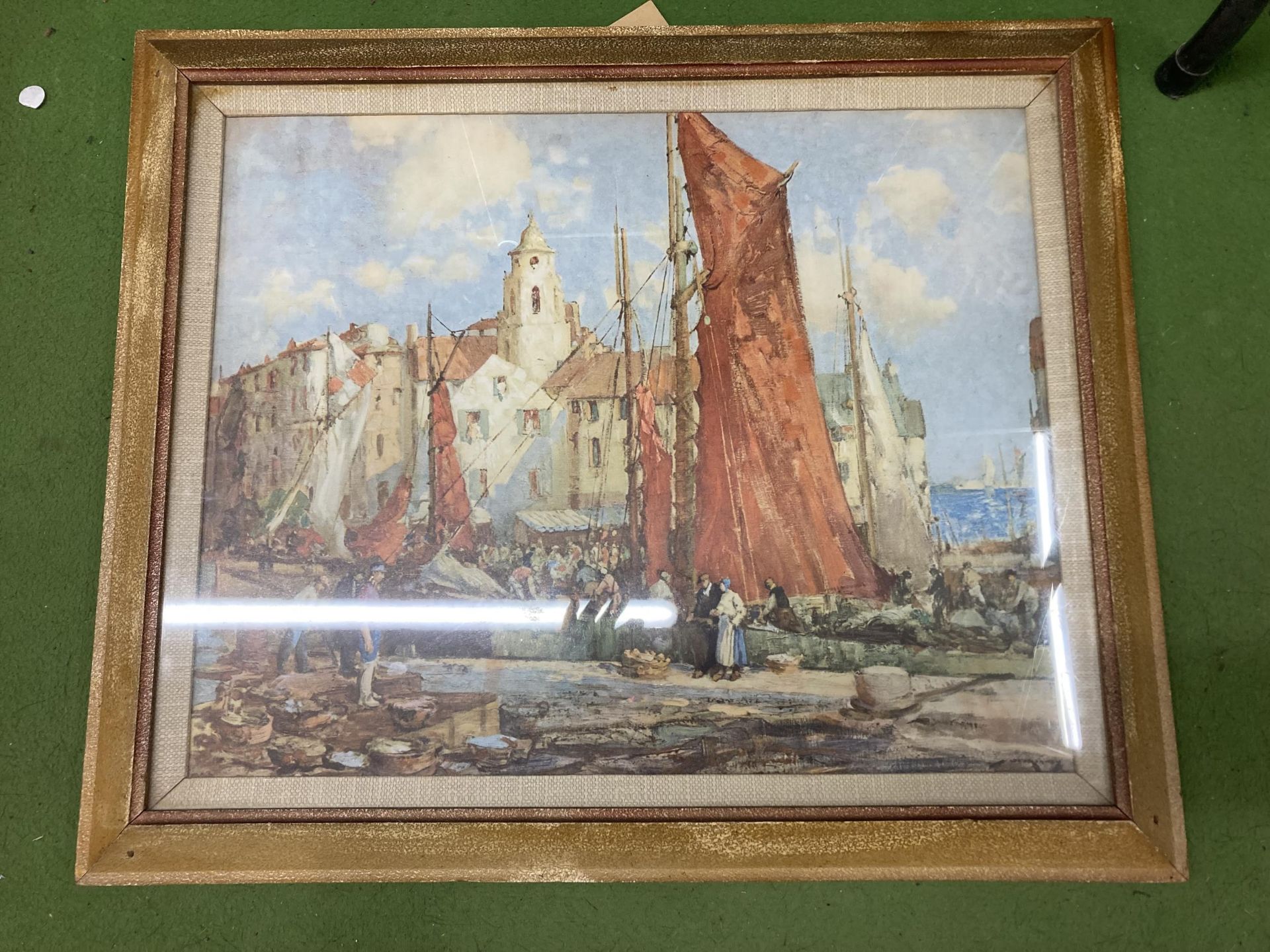 A LARGE GILT FRAMED PRINT OF A BOATING SCENE, UNSIGNED