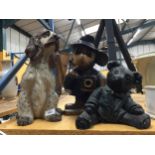 A LARGE RESIN SPANIEL, A WOODEN MICKEY MOUSE STYLE FIGURE AND A RESIN TEDDY