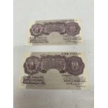 TWO BANK OF ENGLAND MAUVE TEN SHILLINGS NOTES SIGNED PEPPIATT (1934-1949)