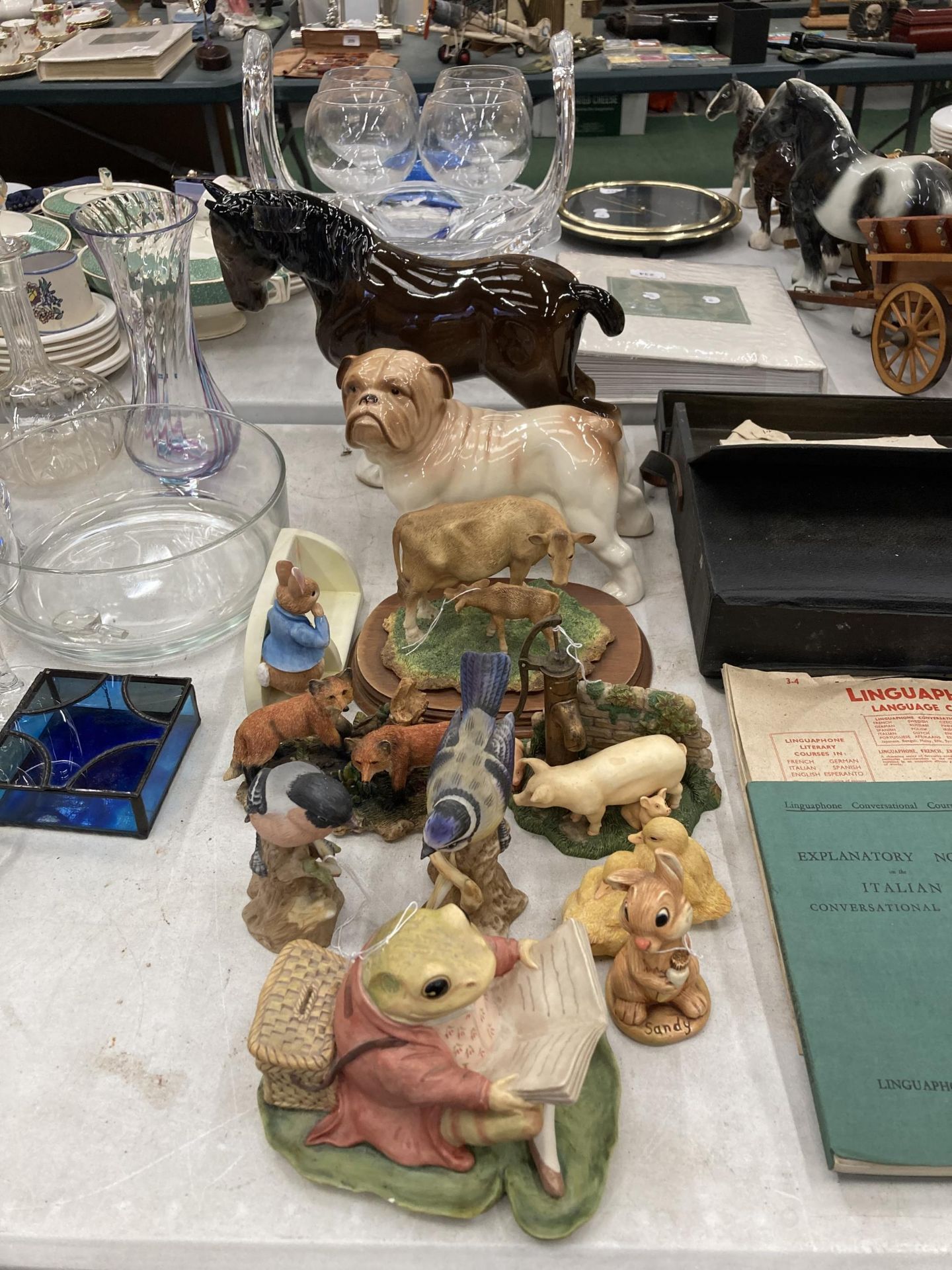 A QUANTITY OF ANIMAL FIGURES TO INCLUDE MELBA WARE SHIRE HORSE AND BULLDOG, COWS, PIGS, FOXES,