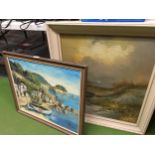 TWO FRAMED OIL PAINTINGS OF A SEASCAPE AND HARBOUR SCENE