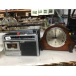 A VINTAGE G. E. C. RADIO, SOUNDMASTER CASSETTE RADIO AND A MAHOGANY CASED MANTLE CLOCK WITH PENDULUM