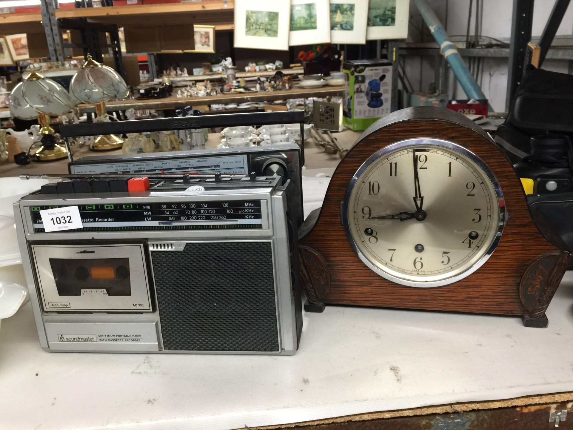 A VINTAGE G. E. C. RADIO, SOUNDMASTER CASSETTE RADIO AND A MAHOGANY CASED MANTLE CLOCK WITH PENDULUM