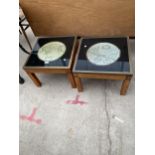 A PAIR OF LOW LAMP TABLES, THE TOPS INSET WITH WORLD MAPS, 18" SQUARE, WITH BRASS EDGES