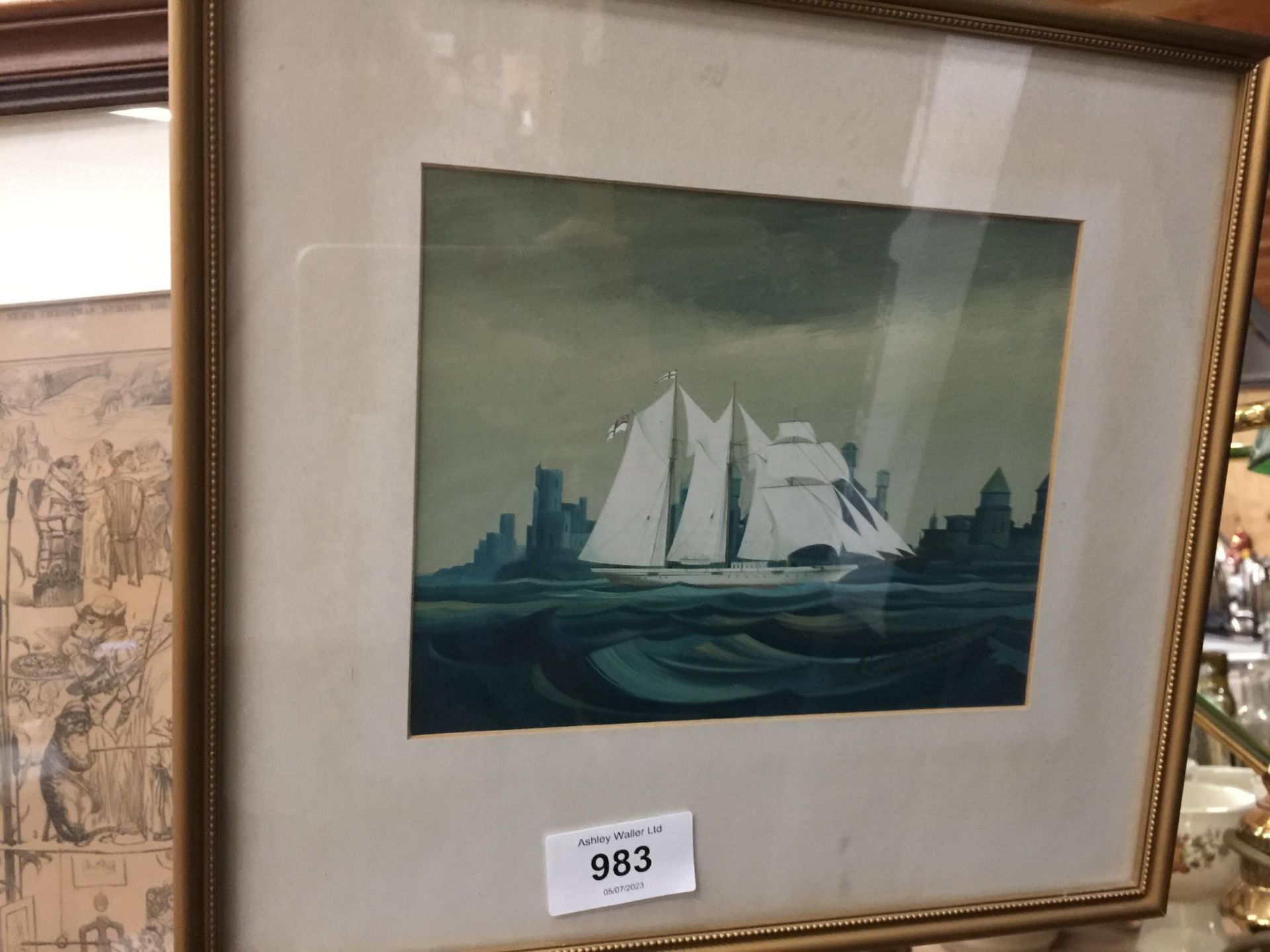 A FRAMED WATERCOLOUR OF A SCHOONER AT SEA, SIGNED BY THE LATE RICHARD GOLDING CONSTABLE, GALLERY