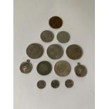 VARIOUS COINS TO INCLUDE FIVE PENCE, TWO SHILLINGS, TWO FRANC ETC