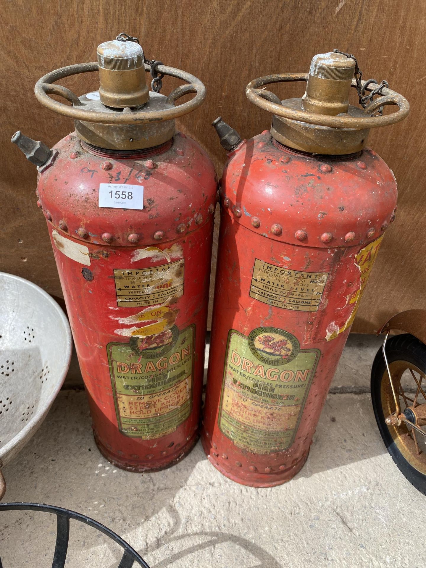A PAIR OF DRAGON FIRE EXTINGUISHERS