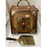 A VICTORIAN MAHOGANY COAL BOX WITH BRASS FITTINGS, SCOOP AND LINER