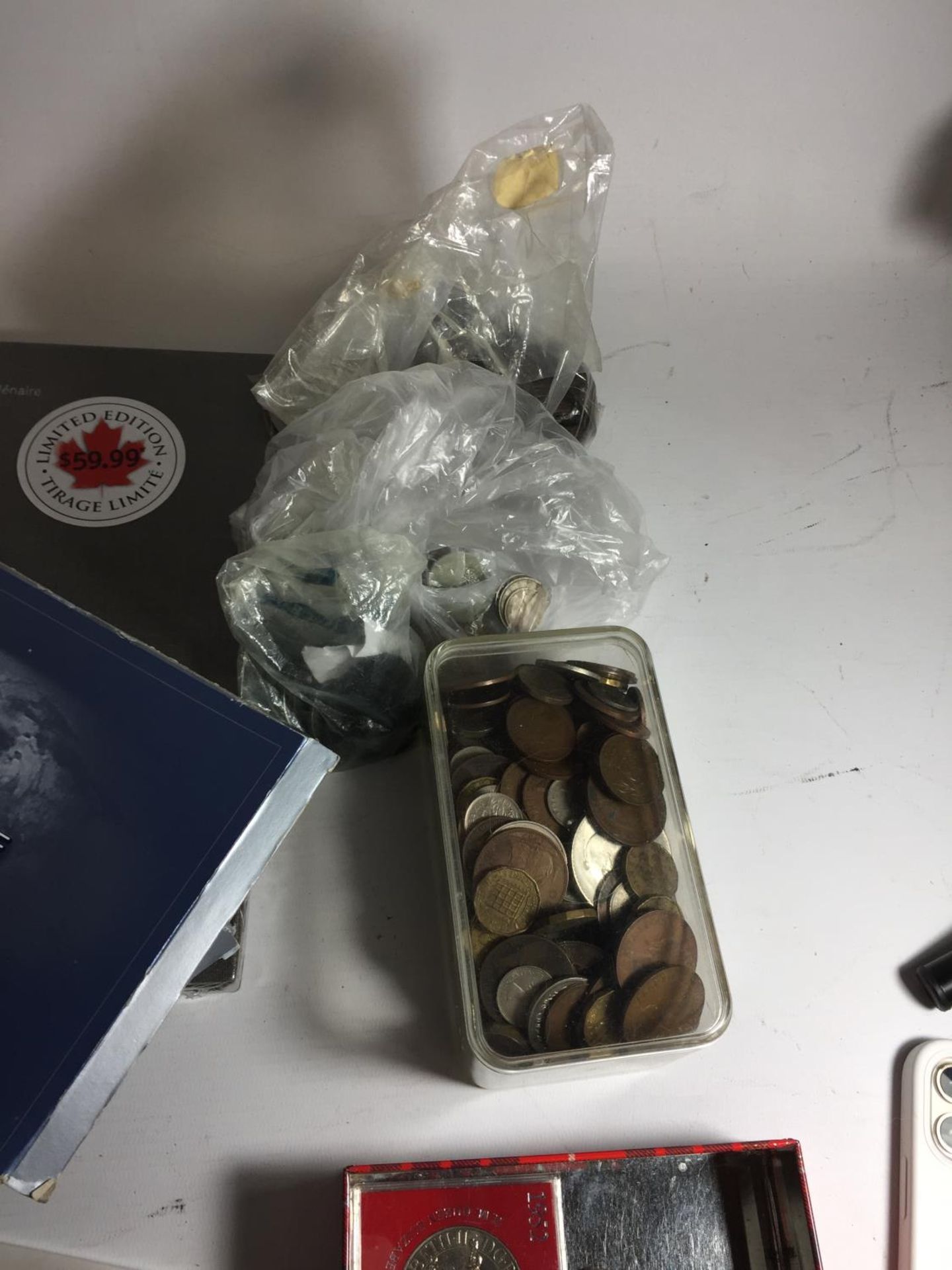 A LARGE ASSORTMENT OF WORLD COINS IN CARTON . MANY TINS AND TUBS ARE PRESENT PLUS CANADA MILLENIUM - Image 6 of 7