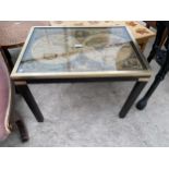 A MODERN COFFEE TABLE, THE TOP INSET WITH VINTAGE STYLE WORLD MAP, 25X18"