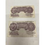 TWO BANK OF ENGLAND MAUVE TEN SHILLINGS NOTES SIGNED PEPPIATT (1934-1949)