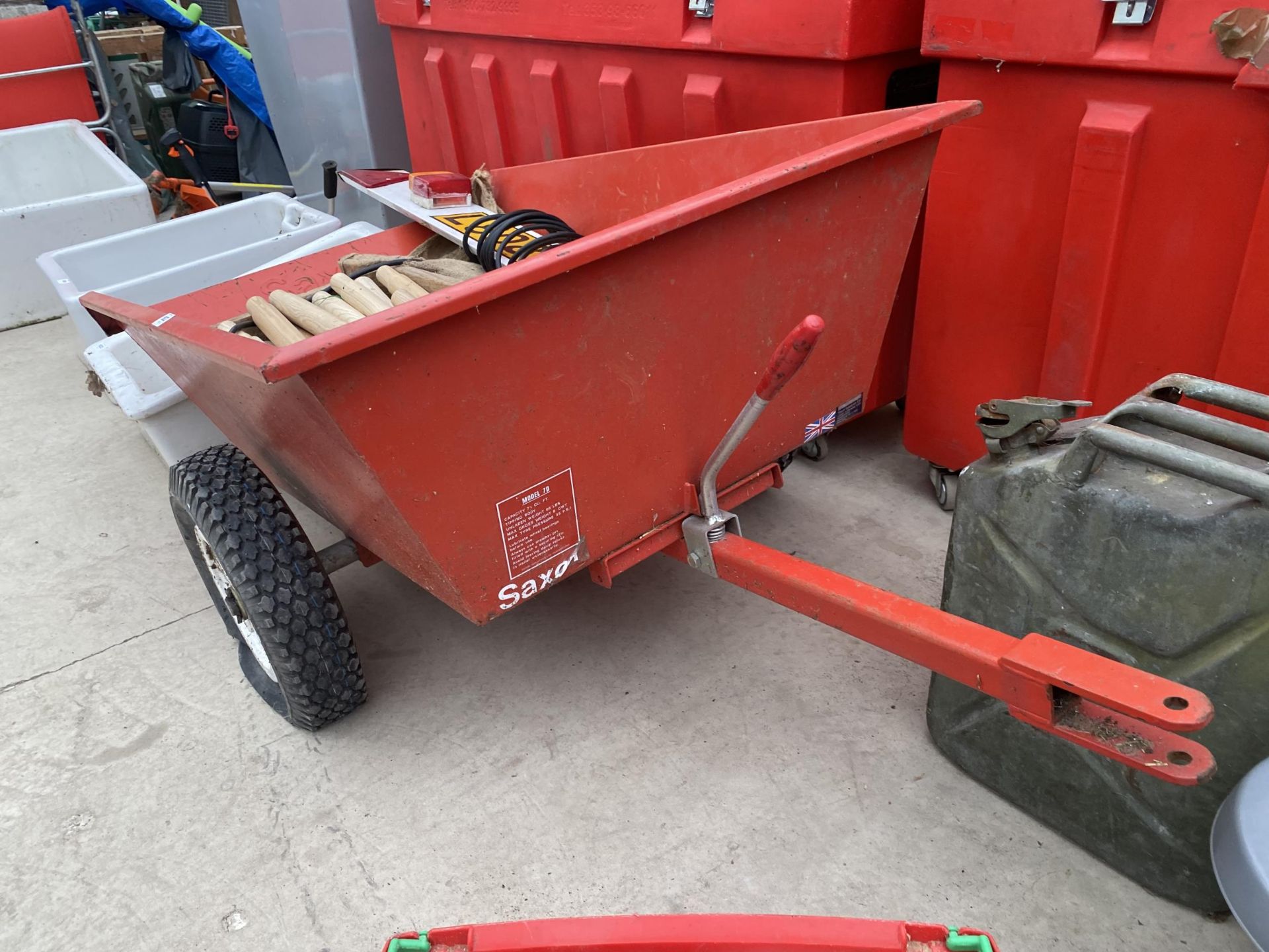 A TWO WHEELED GARDEN TRAILER, A LIGHT BOARD AND SHOVEL HANDLES - Image 2 of 4