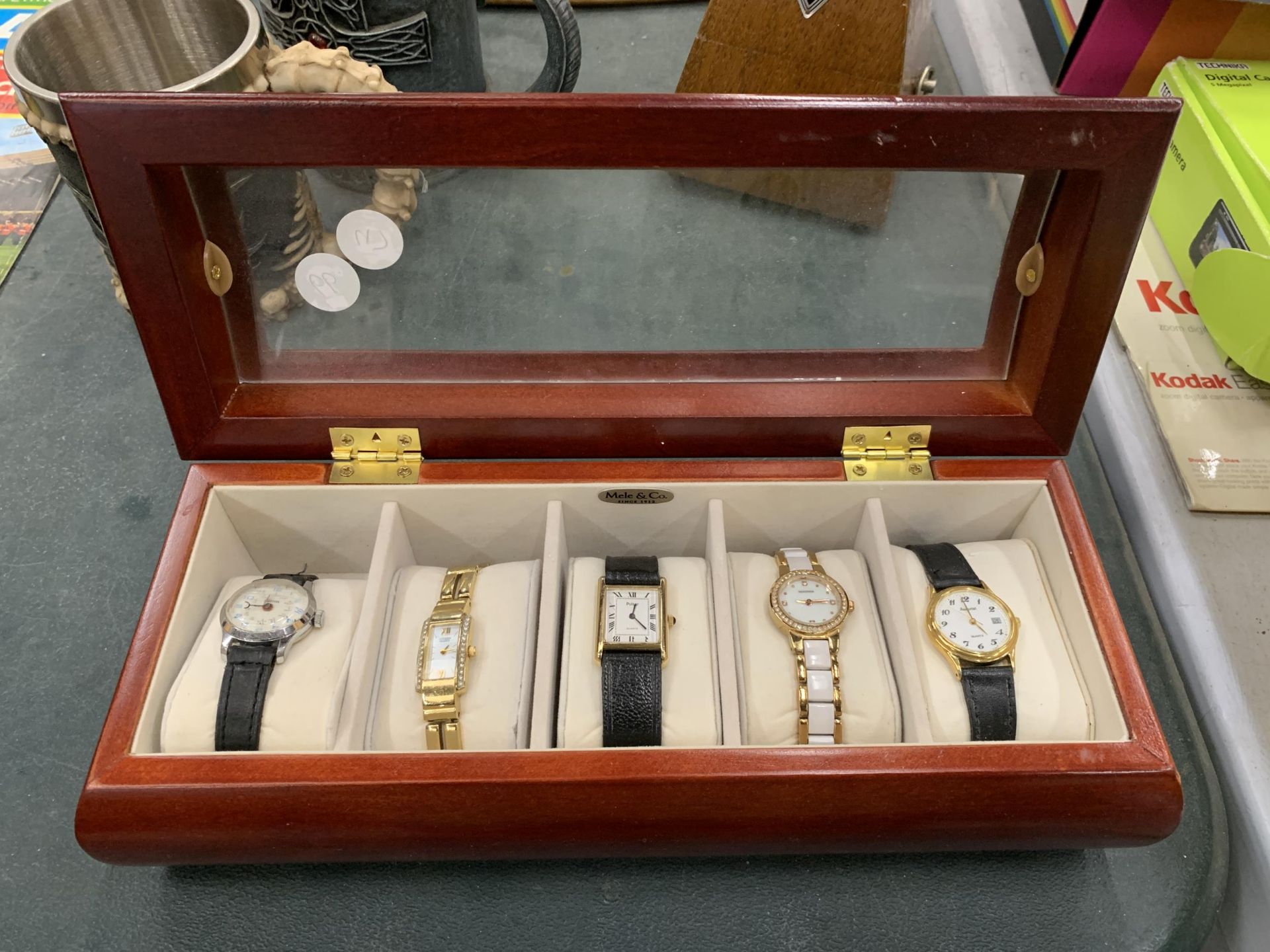 FIVE LADIES WRISTWATCHES IN A WOODEN CASE