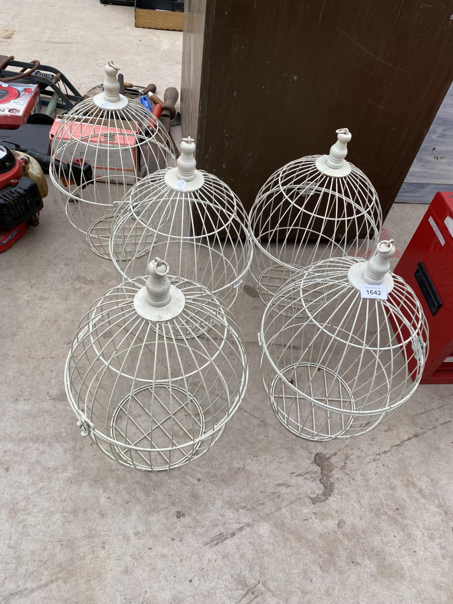 FIVE DECORATIVE METAL BIRD CAGE STYLE PLANTERS