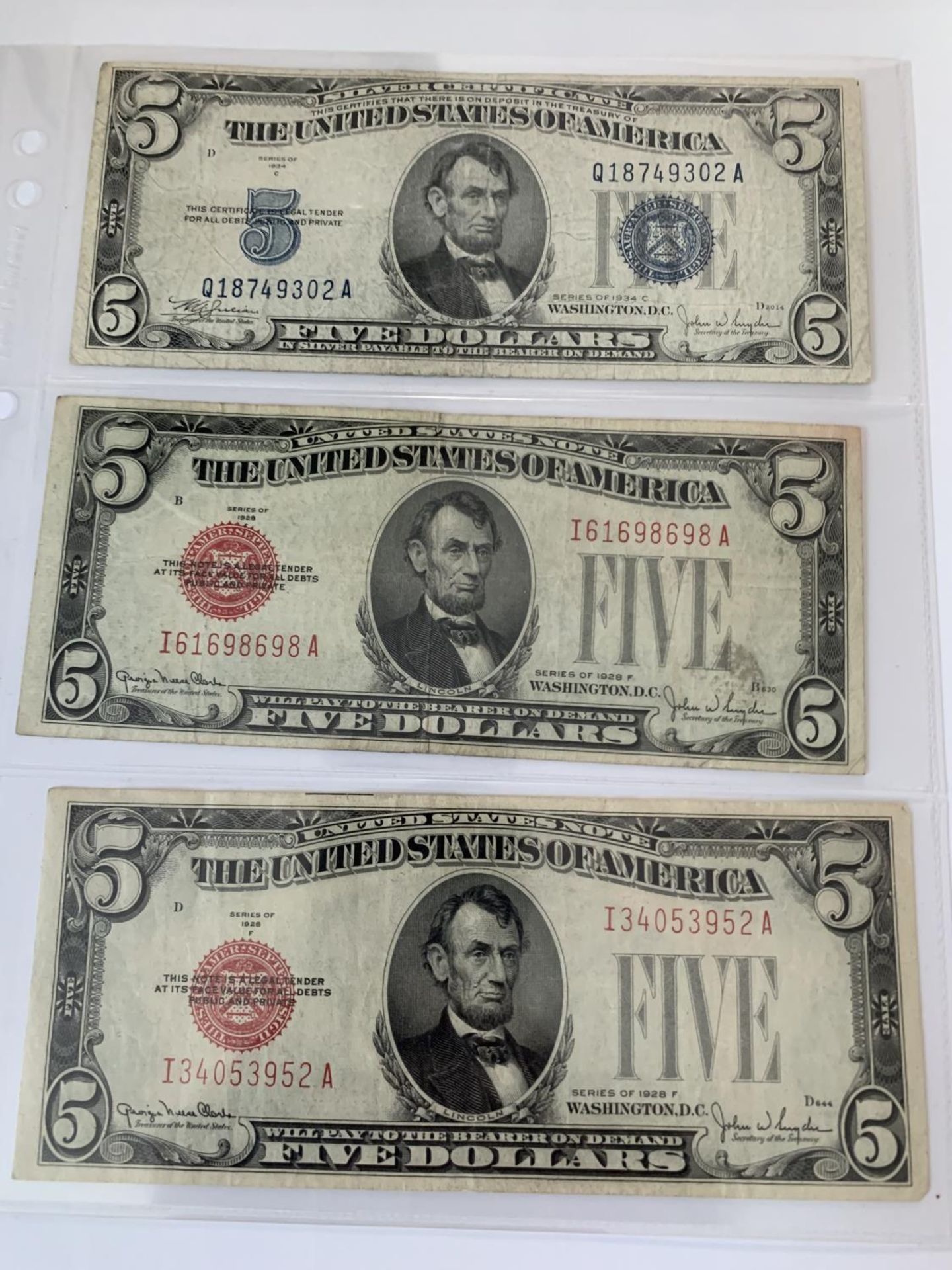 THREE FIVE DOLLAR THE UNITED STATES OF AMERICA NOTES SIGNED SNYDER(1946-1953)