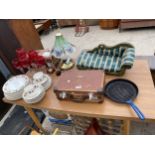 AN ASSORTMENT OF ITEMS TO INCLUDE A SKILLET PAN, DINNER WARE AND WINE GLASSES ETC