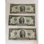 THREE UNITED STATES OF AMERICA FEDERAL RESERVE TWO DOLLAR NOTES SIGNED SIMON (1974-1977)