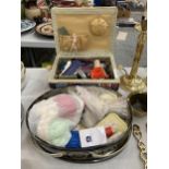 A SEWING BOX CONTAINING ASSORTED SEWING RELATED ITEMS AND FURTHER TIN
