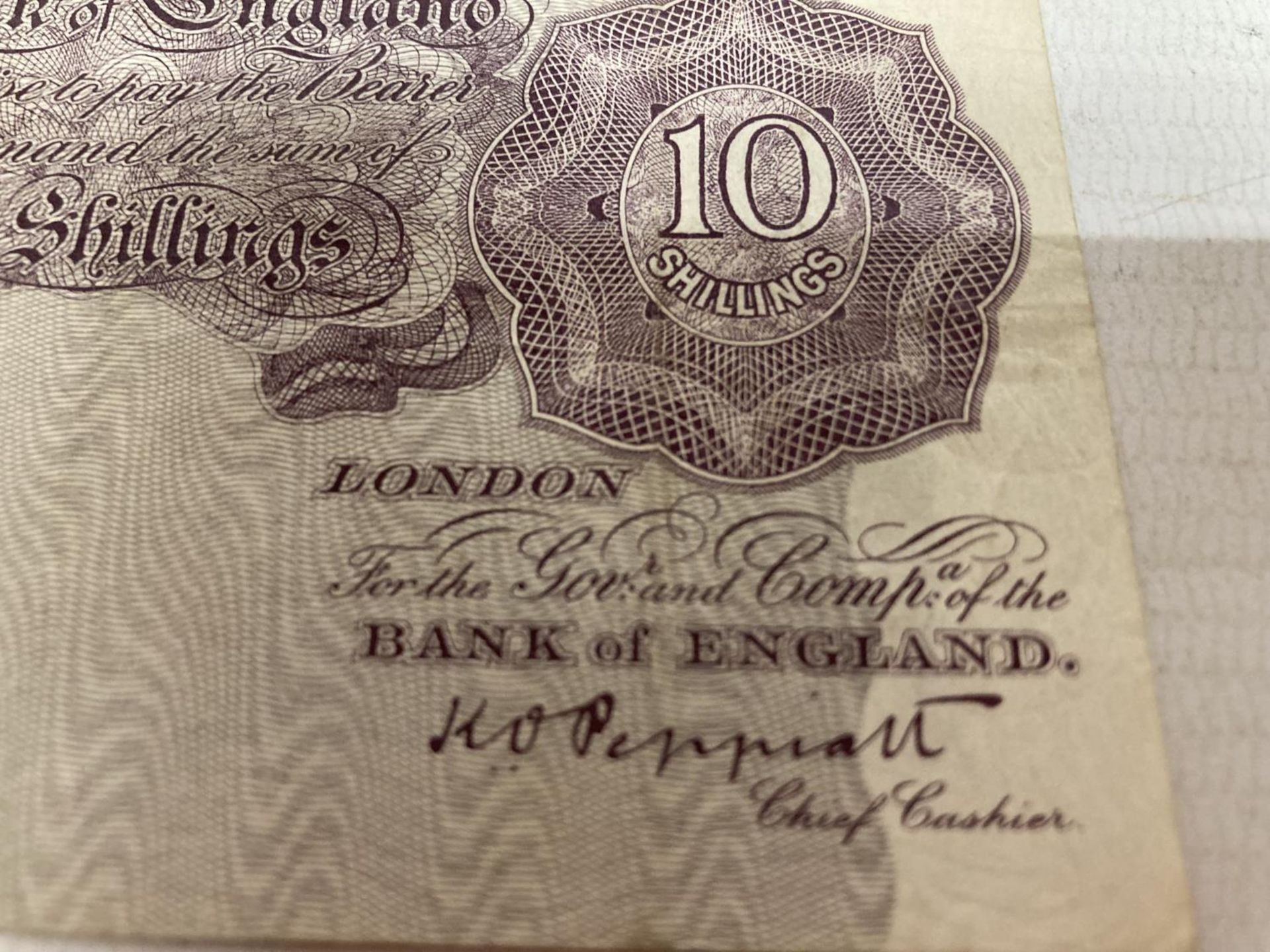 TWO BANK OF ENGLAND MAUVE TEN SHILLINGS NOTES SIGNED PEPPIATT (1934-1949) - Image 2 of 5