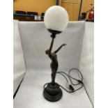AN ART DECO STYLE NUDE LADY RESIN LAMP WITH ORB GLASS SHADE, ARM A/F